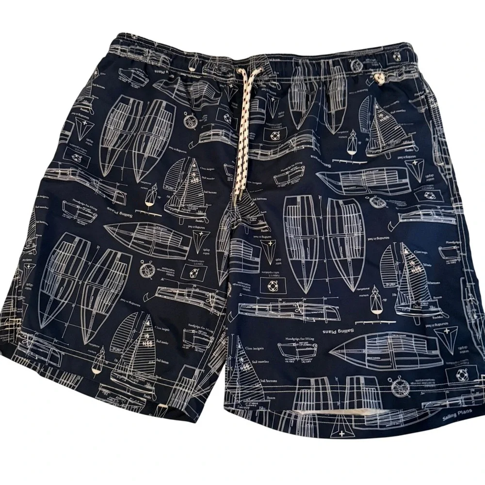 Lands End Men's Navy Sailing Blueprint Swim Trunks Size‎ XL